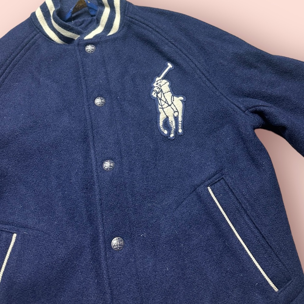 Boys Polo Ralph Lauren Navy Blue Baseball Bomber Snap Front Wool Blend Jacket - Picture 4 of 10